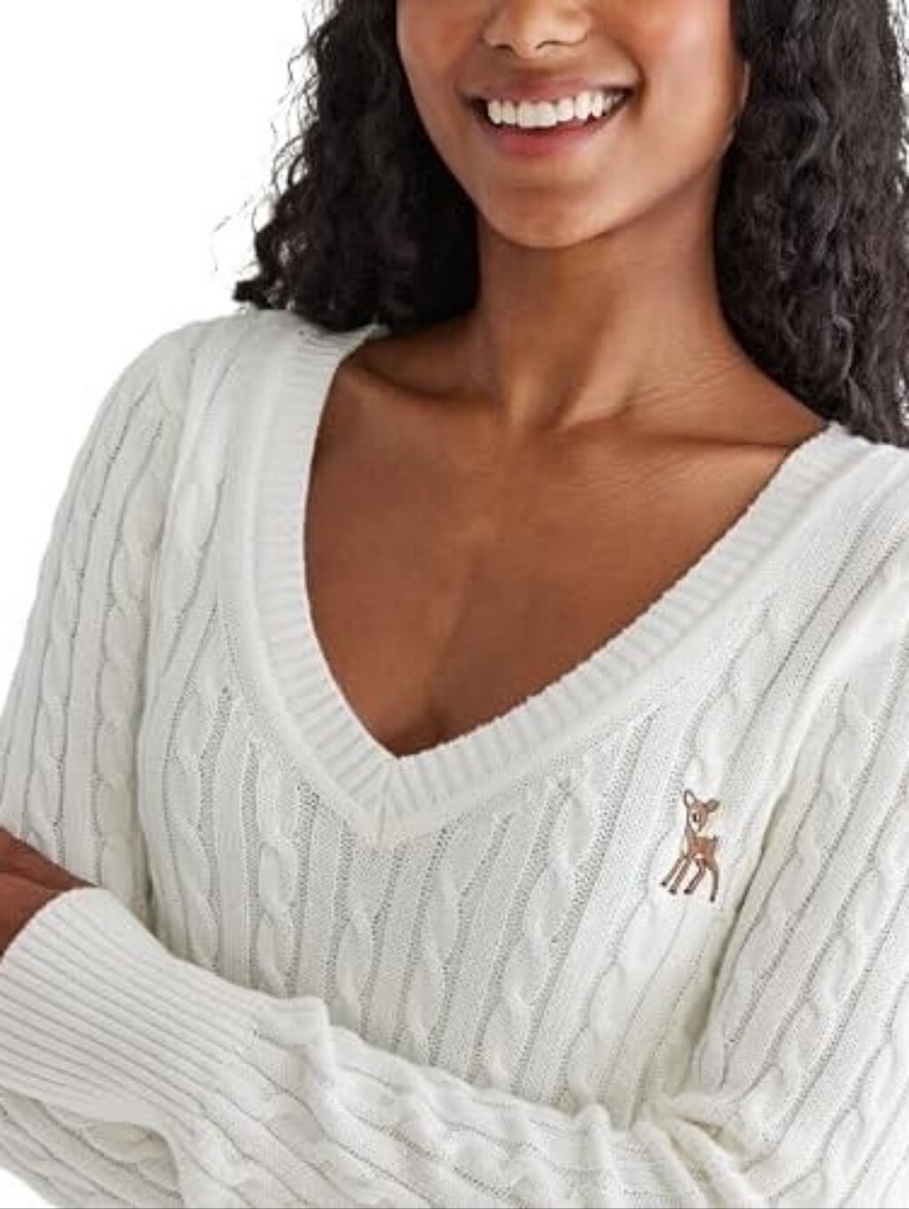 Aeropostale Cream Deer Cable Knit V-Neck Sweater Top XS